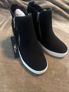 Black Suede Wedge Ankle Bootie with Side Zipper